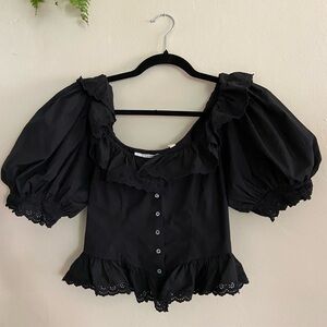 Dôen Black Ruffled Button Down Top